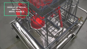Augmented reality view of pharmaceutical cleaning system was rack from Belimed Life Science